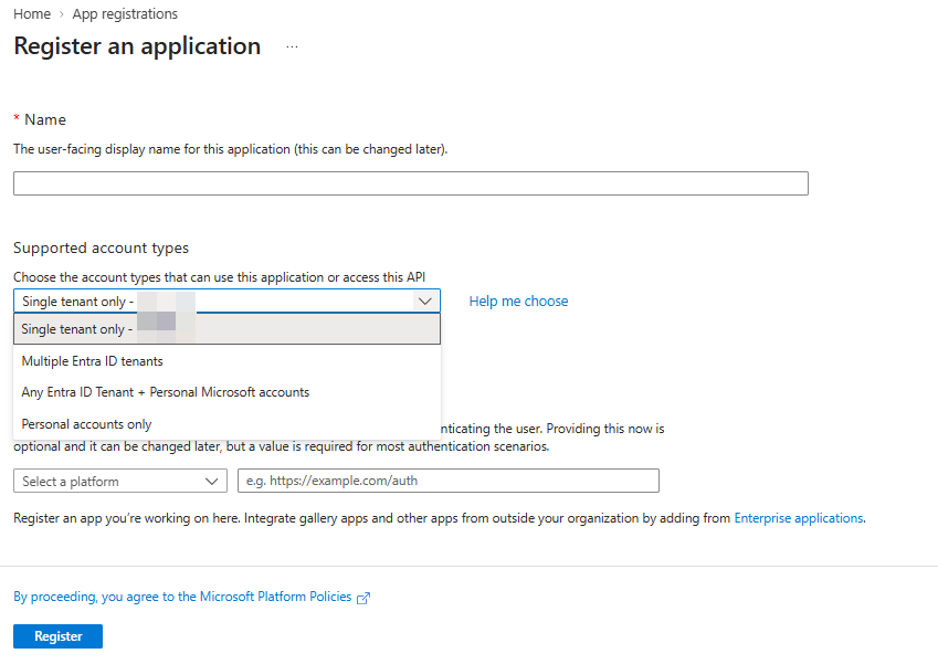Register an application page with Single tenant only selected in the Supported account types dropdown