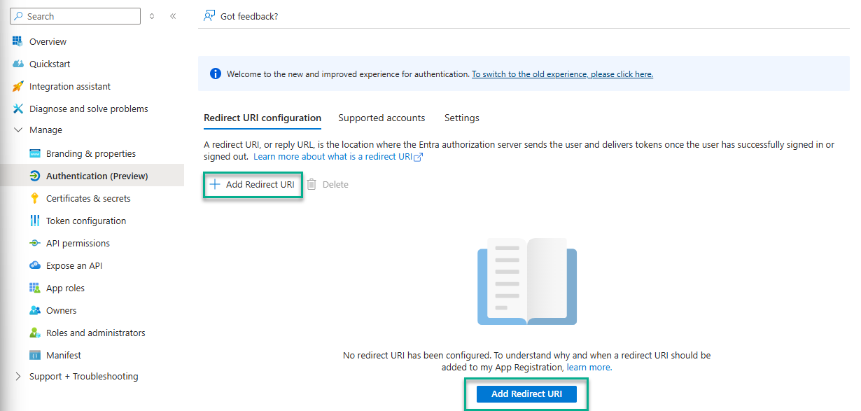 Authentication page with the Add a redirect URI button highlighted
