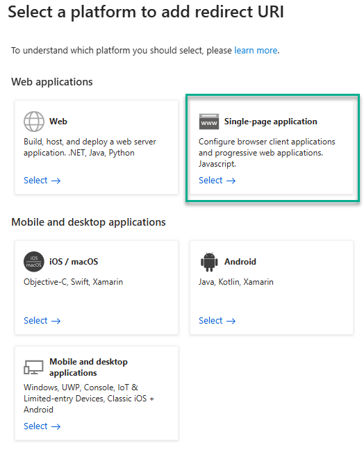 Configure platforms window with Single-Page Application highlighted