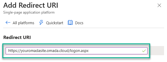 Configure single-page application panel with the redirect URI entered