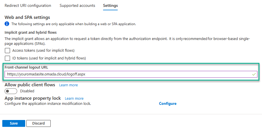 Authentication page with the logoff redirect URI