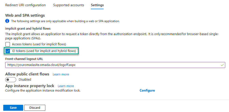 Authentication page with the ID tokens checkbox selected under Implicit grant and hybrid flows