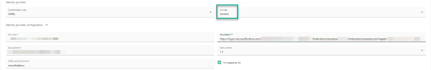 Cloud Management Portal: Authentication tab. Generic provider