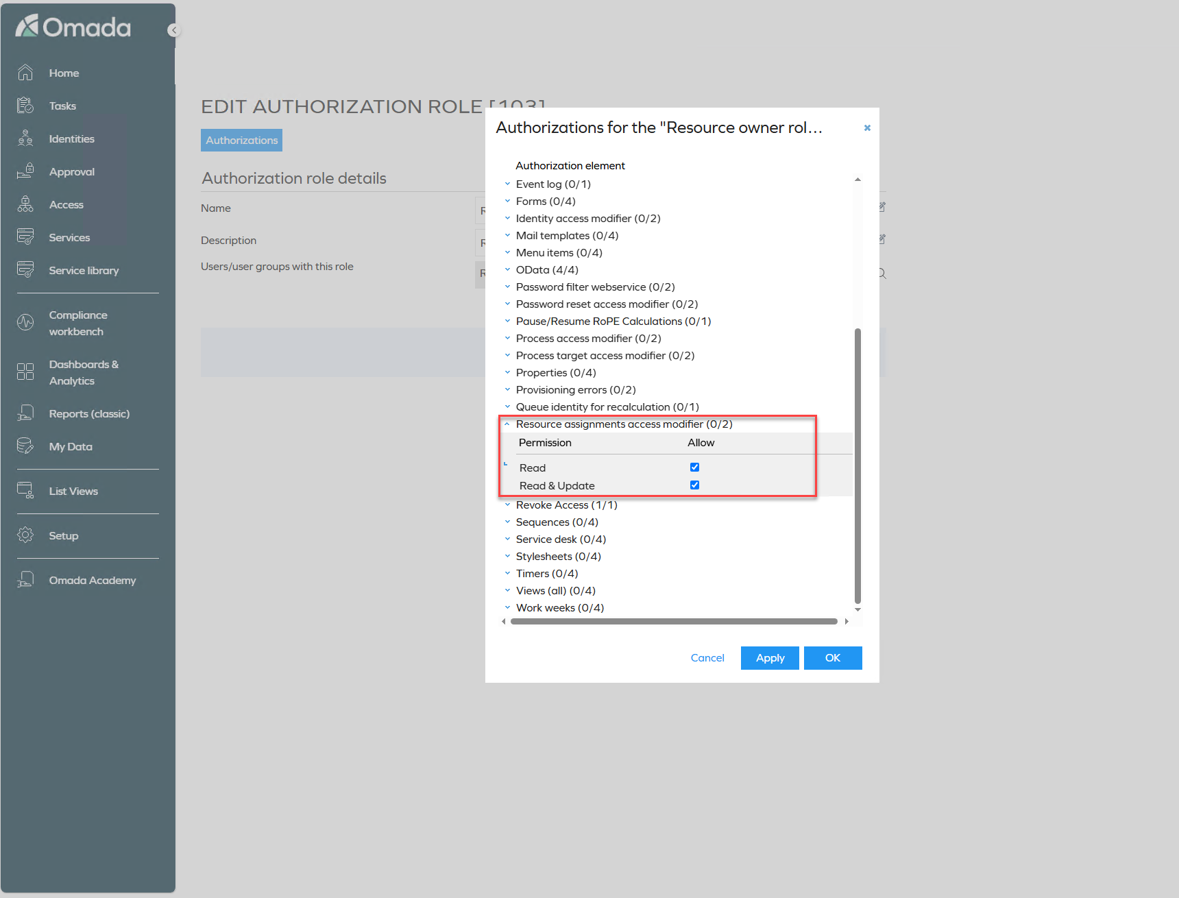 Resource assignments access modifier with Read and Read & Update permissions enabled