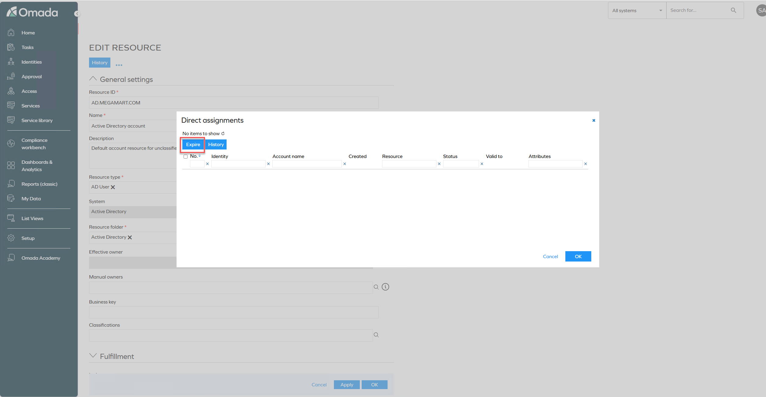 The Expire button in the direct assignment view