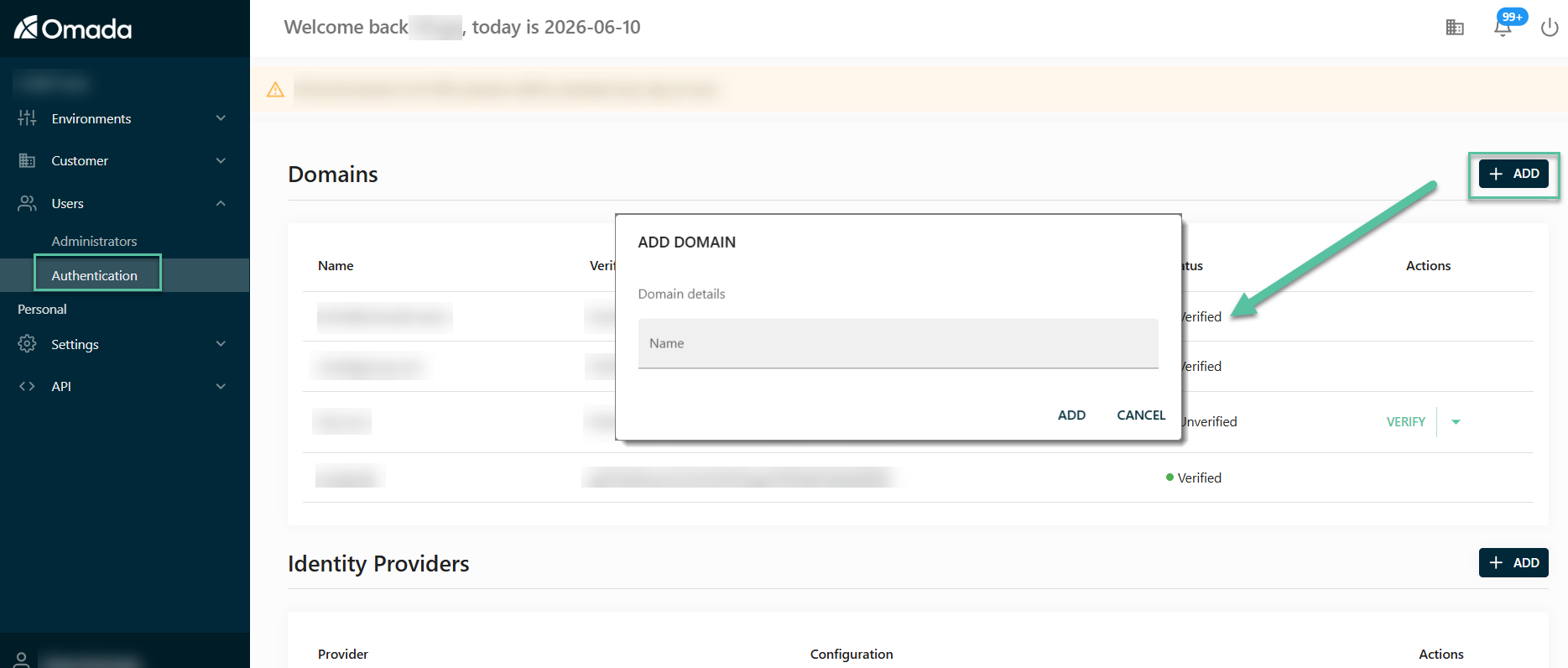 Add domain dialog