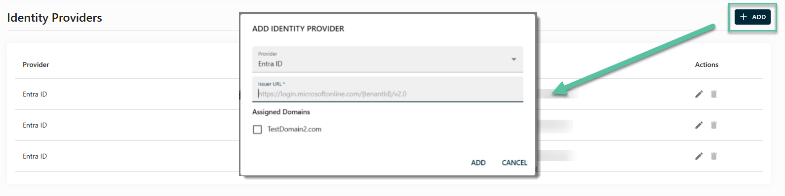 Add identity provider dialog