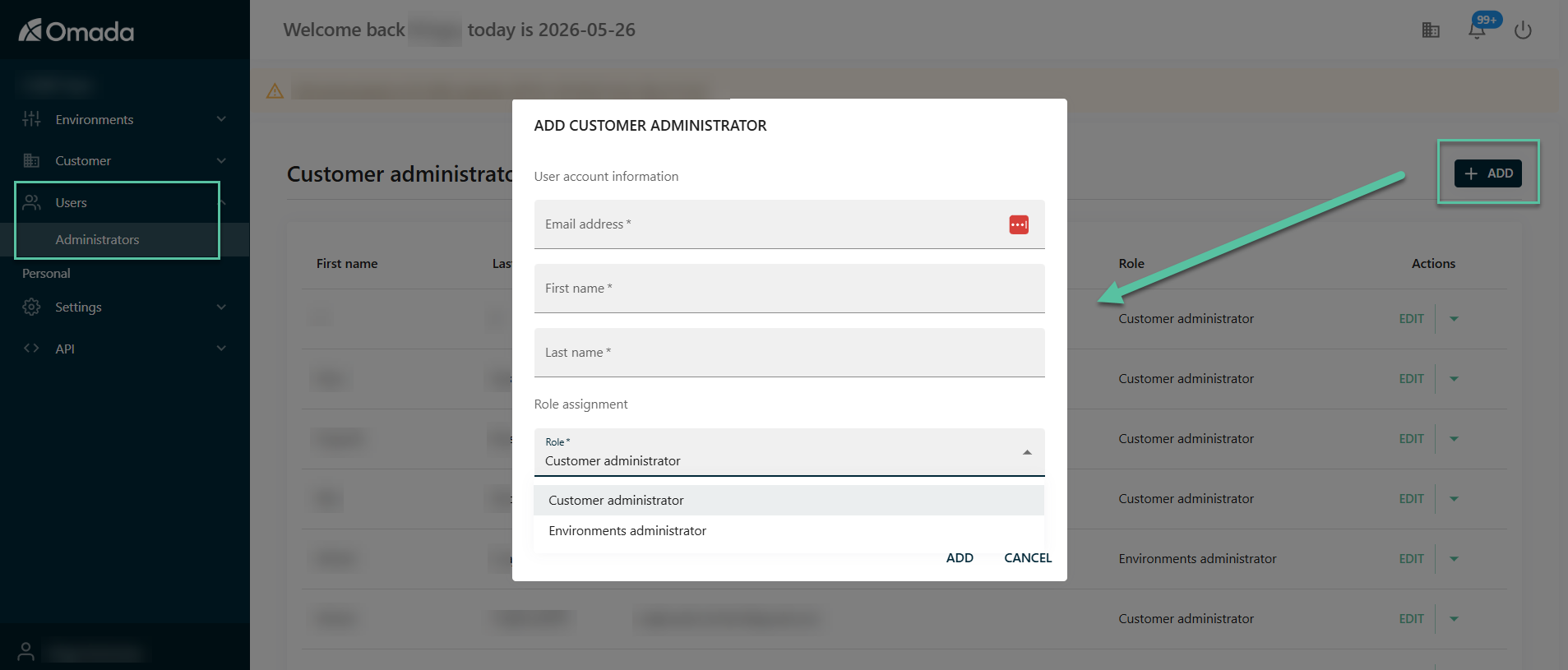 Add administrator dialog with role assignment