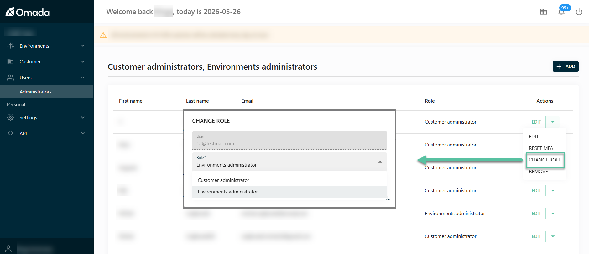 Change role action from Actions menu