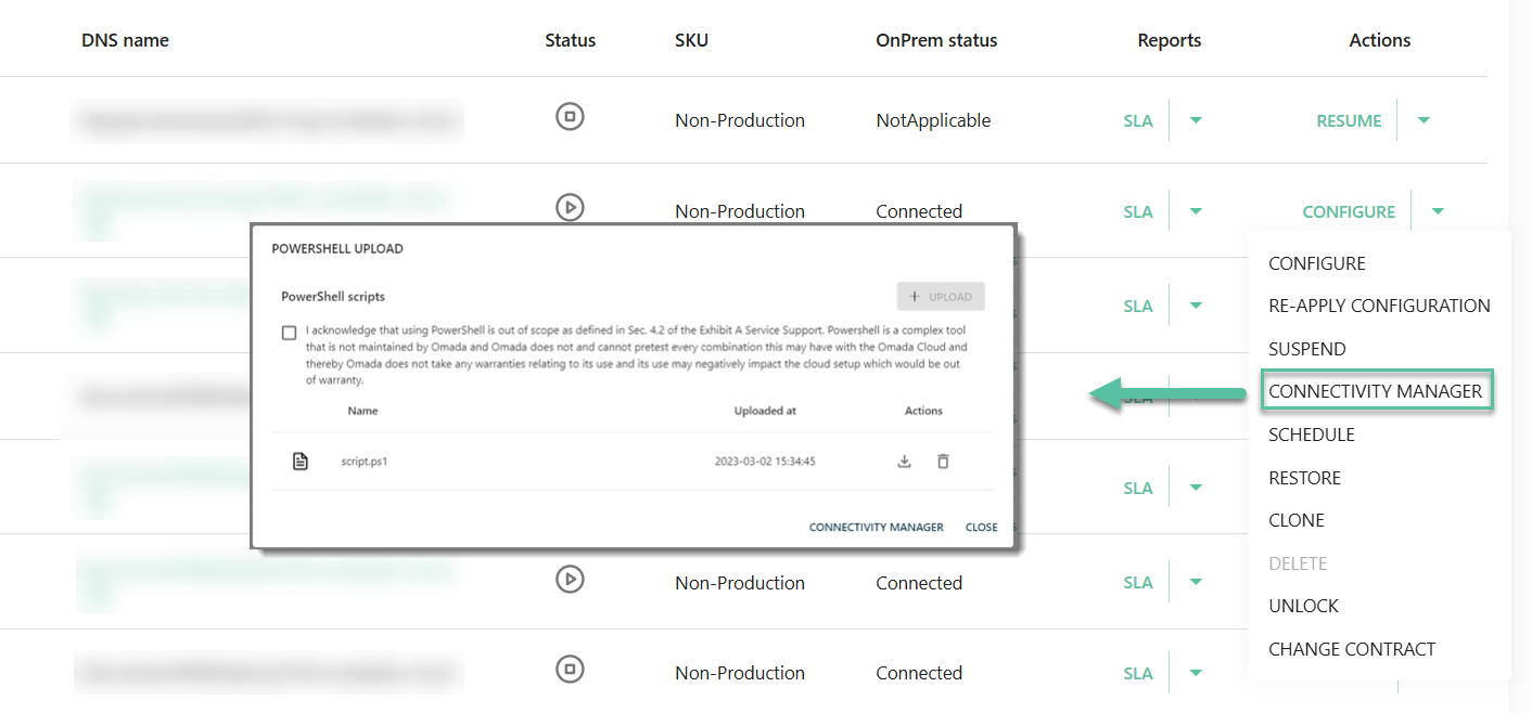 Connectivity manager PowerShell Upload Actions tab