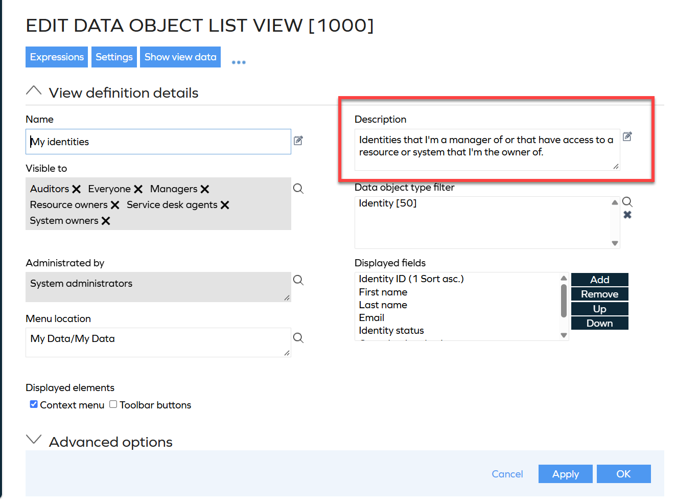 Description field in View definition details for a data object list view