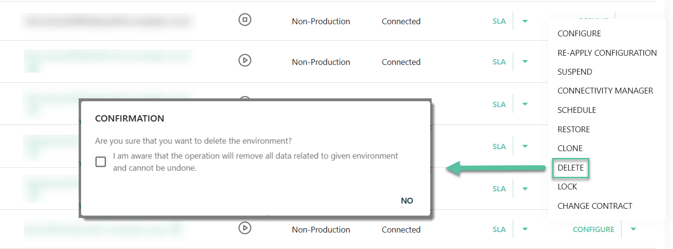 Delete environment option.