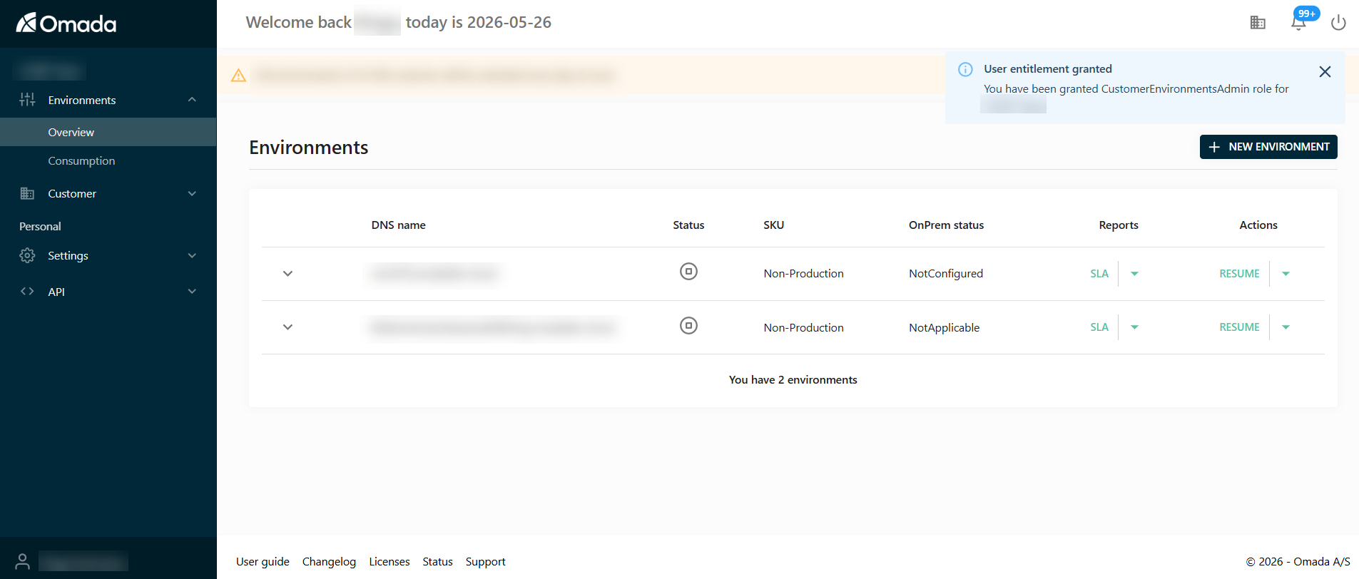 Environment administrator portal view without Users menu item