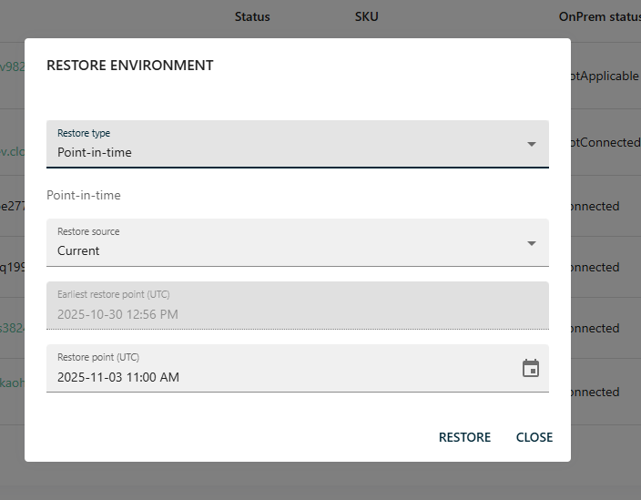 A screenshot of the Restore settings dialog in the Omada Identity Cloud Management Portal. The dialog displays options for selecting a restore point, including a dropdown menu labeled Restore point and a date picker. There are buttons for confirming or canceling the restore action. The interface uses a clean, modern design with a neutral color scheme. The wider environment shows the management portal interface, focused on recovery and configuration options. The emotional tone is professional and informative.
