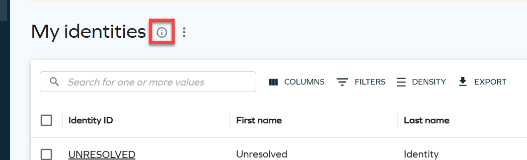 My identities list view showing the info icon next to the page title
