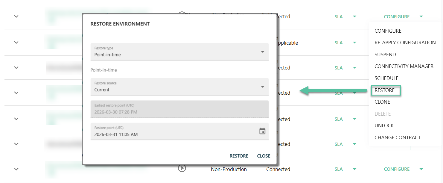 A screenshot of the Restore settings dialog in the Omada Identity Cloud Management Portal. The dialog displays options for selecting a restore point, including a dropdown menu labeled Restore point and a date picker. There are buttons for confirming or canceling the restore action. The interface uses a clean, modern design with a neutral color scheme. The wider environment shows the management portal interface, focused on recovery and configuration options. The emotional tone is professional and informative.
