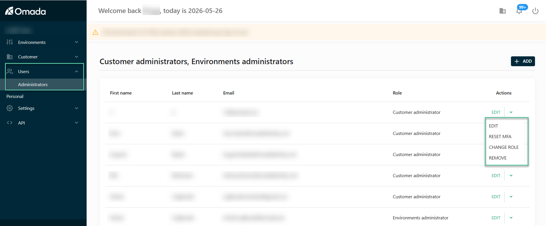 Overview of Customer administrators and Environments administrators available actions