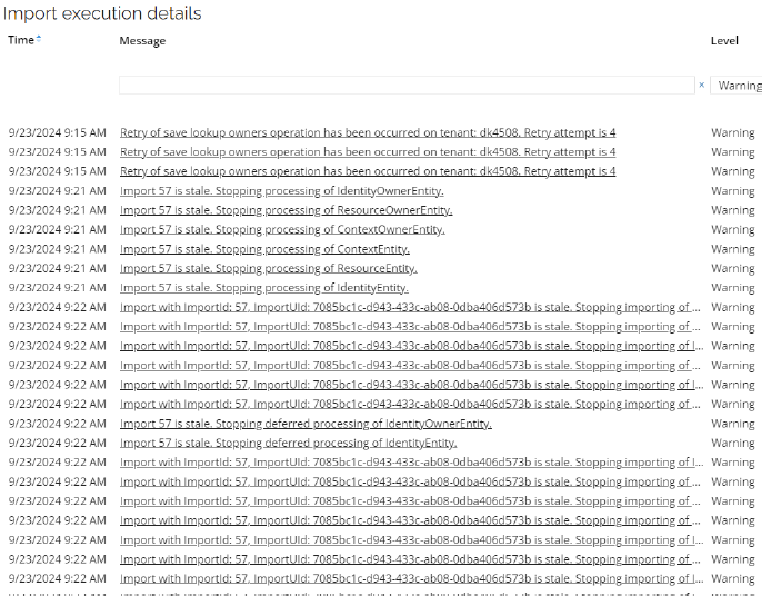 Import execution details showing Stale timeout exceeded