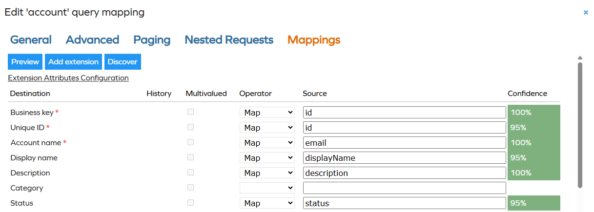 REST connector interface showing AI-proposed mappings with confidence ratings. The interface displays a list of proposed mappings, each accompanied by a confidence rating that indicates the likelihood of the mapping being correct based on the analysis of the provided JSON file.