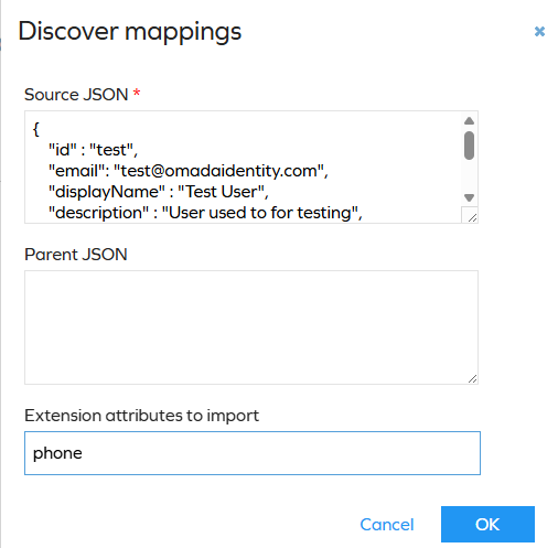 REST connector interface showing the Discover Mappings options form. The form includes fields for selecting the source of data, specifying the number of records to analyze, and choosing which mapping types to generate proposals for.