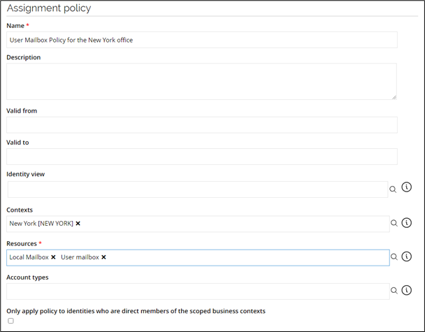Screenshot of the Assignment Policy configuration screen in Omada Identity. The table lists assignment policies for Exchange Hybrid mailboxes, including columns for Policy Name, Resource Type, Assignment Type, and Status.