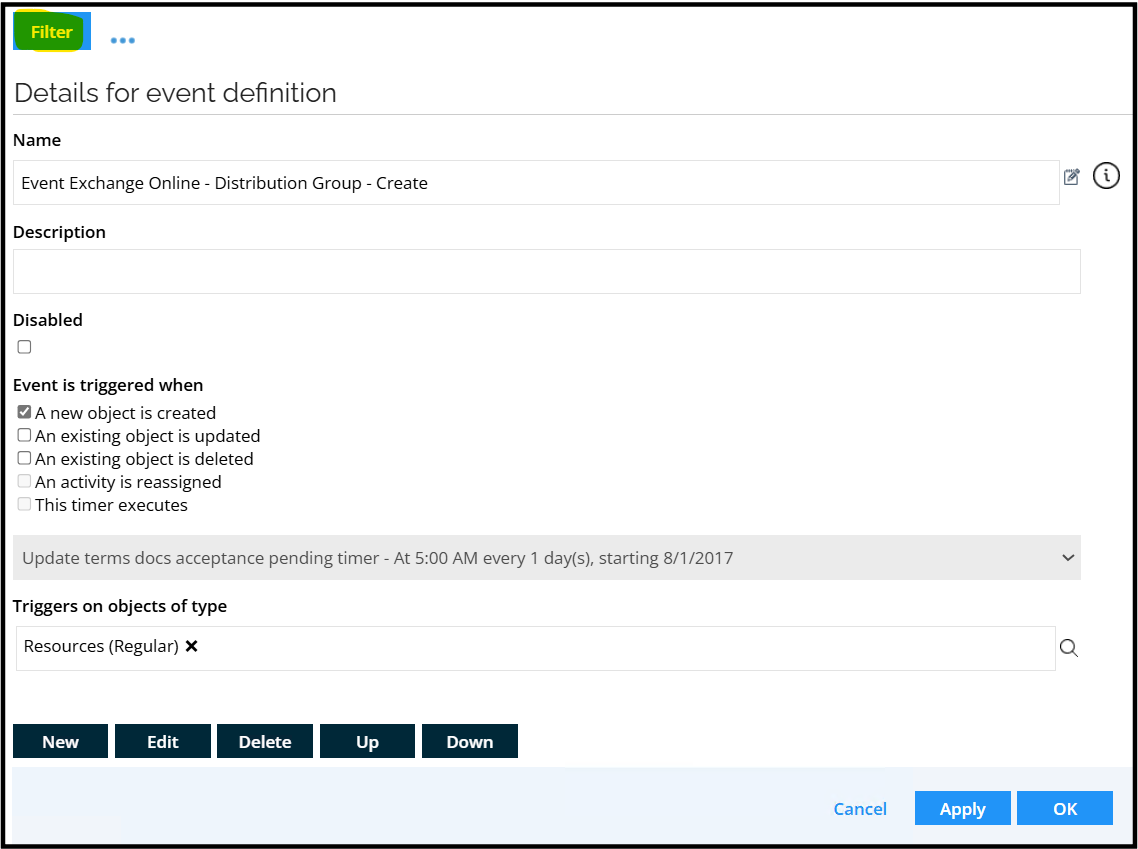 Event definition filter