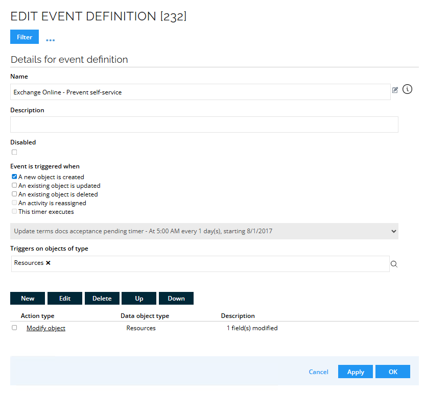 Event definition - final configuration