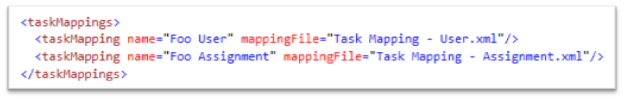 Screenshot of the Task Mappings section in the Omada Identity registration dialog box. The interface displays a table with columns for Task Mapping Name, Source Type, and Target Type. Two rows are shown: the first row lists Foo Role to Foo Assignment, and the second row lists Sample Directory Account to Foo User. The dialog box background is a standard Windows application window with a neutral, technical tone. The environment is focused on configuring task mappings during system onboarding. No emotional content is present.