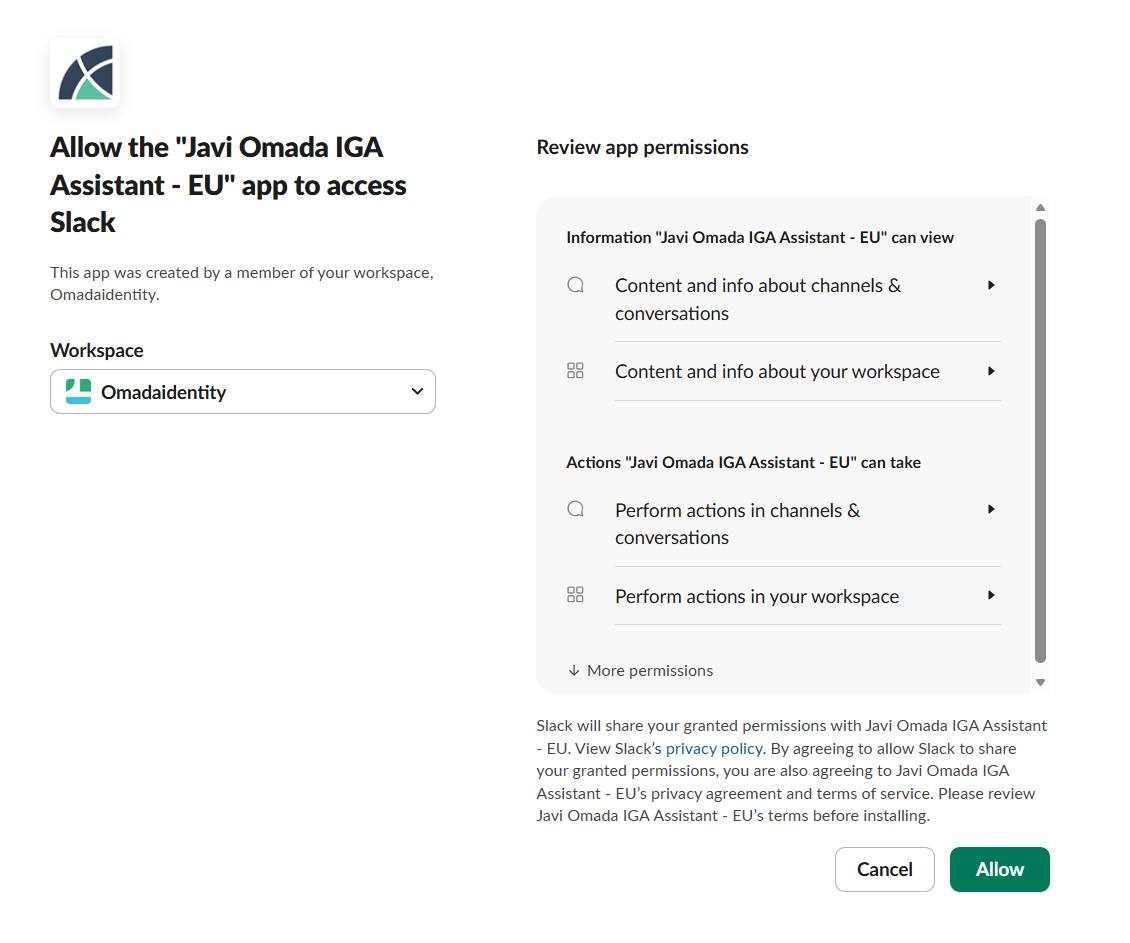 Authorizing Javi for Slack