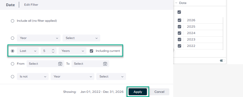 Filter edit dialog with advanced options