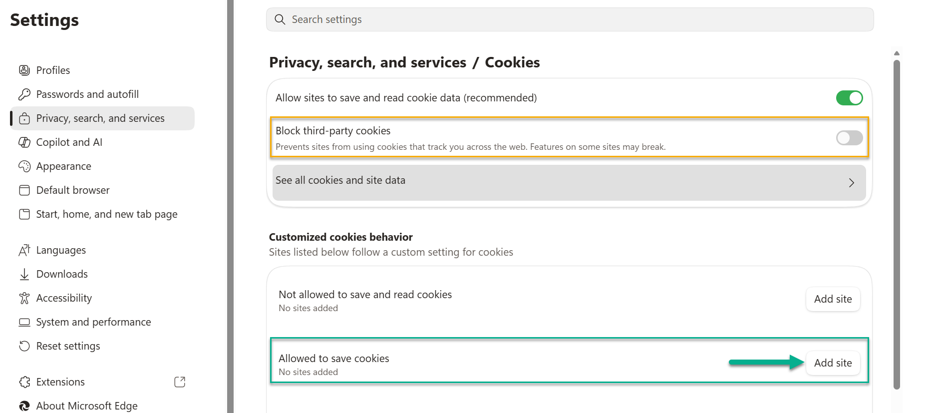 Microsoft Edge cookie settings