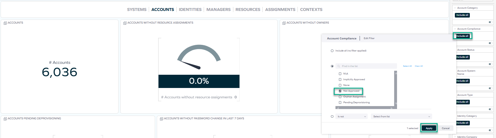 Account Compliance filter in the right pane with Include all selected