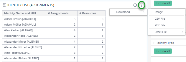 Exporting options in Omada Identity Analytics