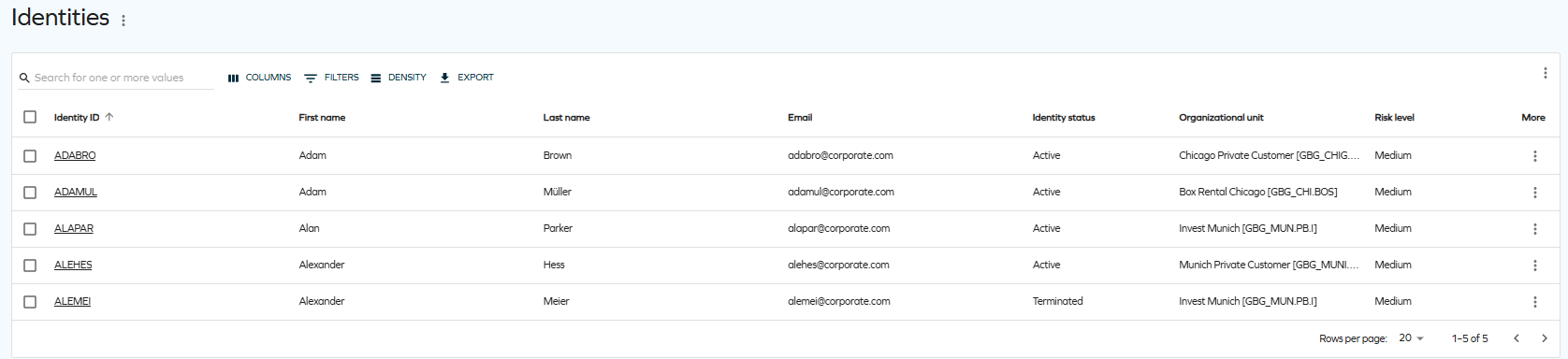 Pre-selected identities visible through the Identities list