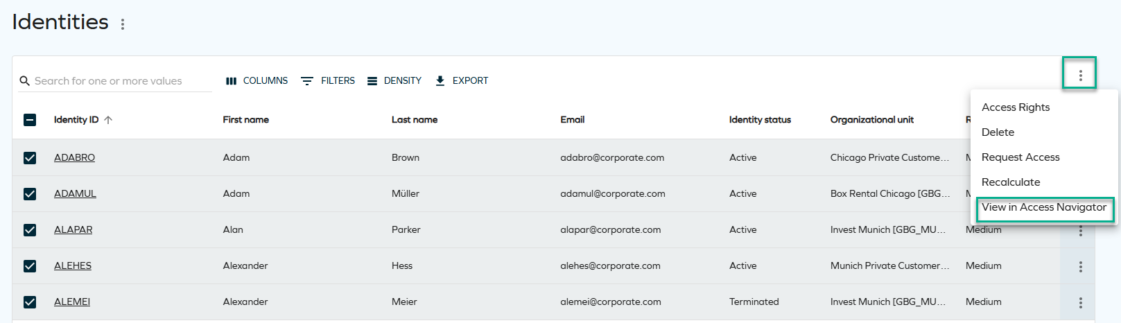 Identities list with selected identities that can be viewed on the Access Navigator dashboard