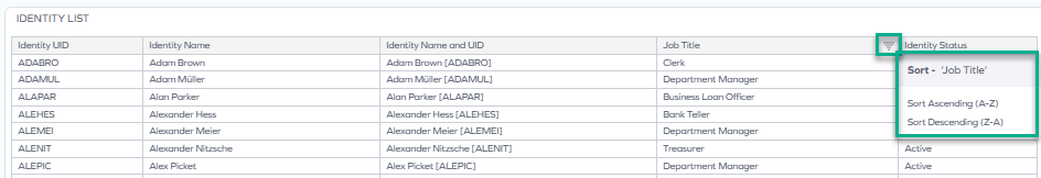 Identity list table sorted by a column
