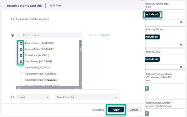 Select identities in the right pane