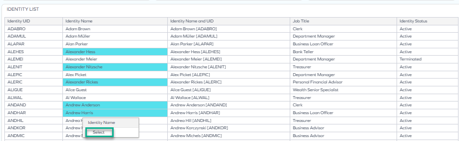 Selecting multiple identities in the Identity list table