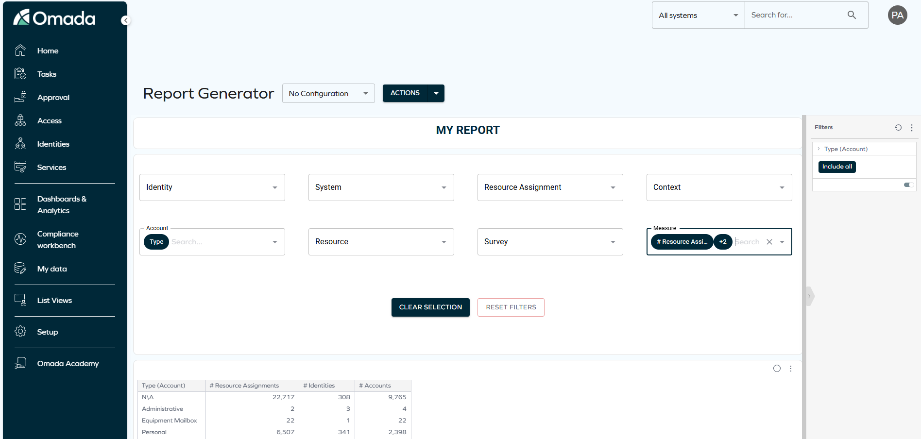 Omada Identity Analytics dashboard - Report Generator