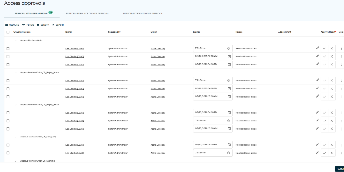 Approval grid showing Valid From and Expires columns for time-based and duration-based requests.