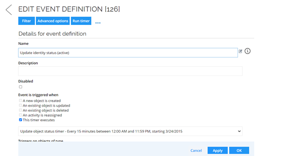 Event definition for updating active identity status