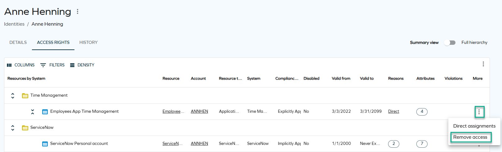 Remove access through the Identities grid