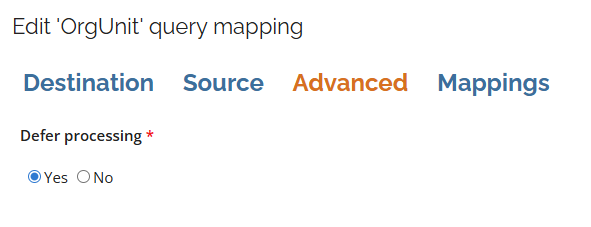 Screenshot of the Advanced settings panel for Defer Processing in Omada Identity Cloud export mappings. The panel displays options for configuring defer processing, including a checkbox labeled Defer Processing and additional fields for advanced configuration. The interface is clean and businesslike, with a neutral and informative tone. The wider environment is a web-based configuration tool for managing identity data processing.