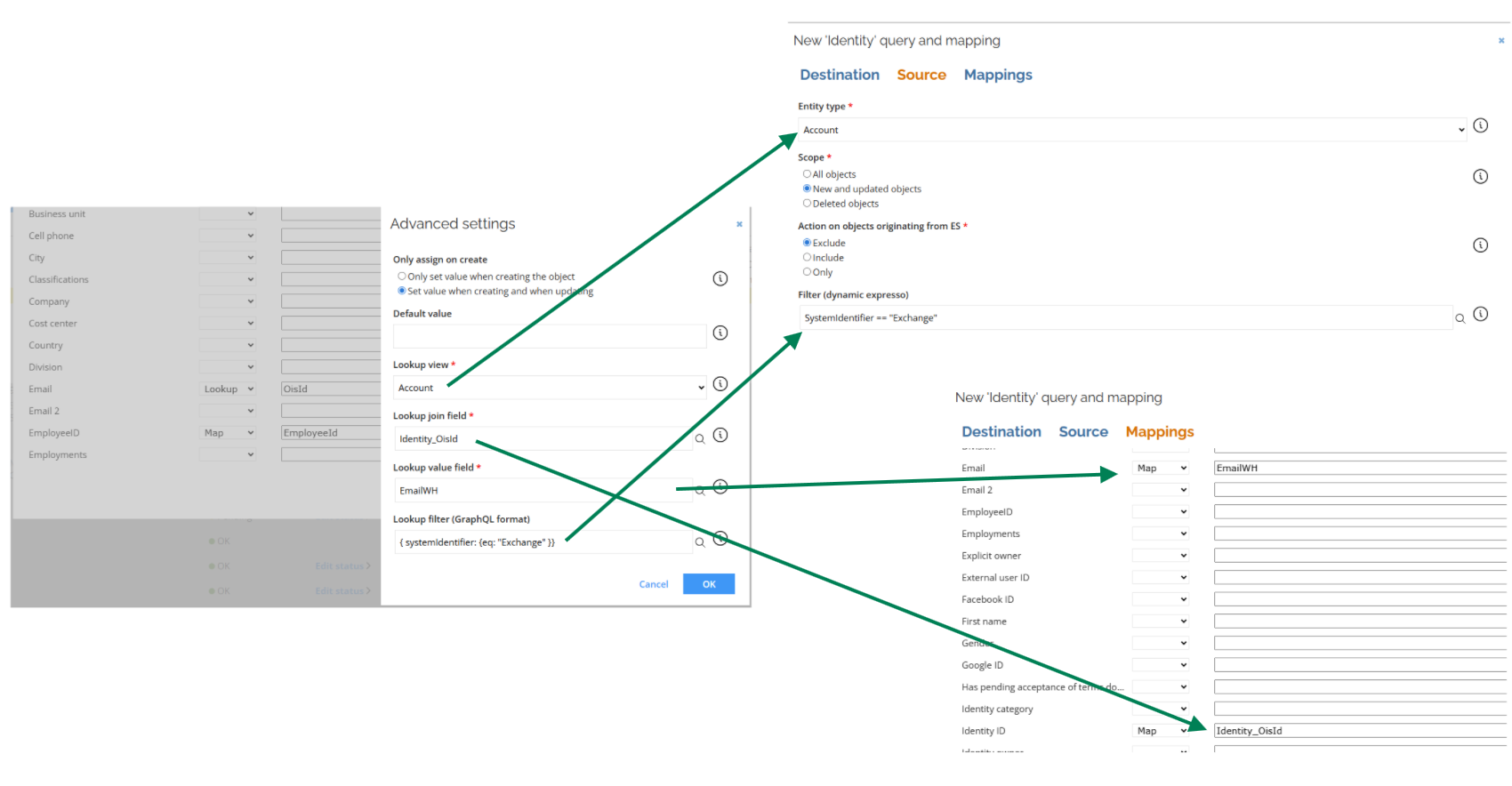 Diagram showing a comparison between using a lookup and a regular mapping in Omada Identity Cloud export mappings. The left side illustrates a lookup configuration with arrows pointing to a lookup table, highlighting the complexity and performance impact of evaluating multiple records during processing. The right side shows a regular mapping setup with a direct connection, emphasizing a simpler and more efficient data flow. The environment is a user interface with labeled sections and arrows. The tone is informative and instructional. No additional text is present in the image.