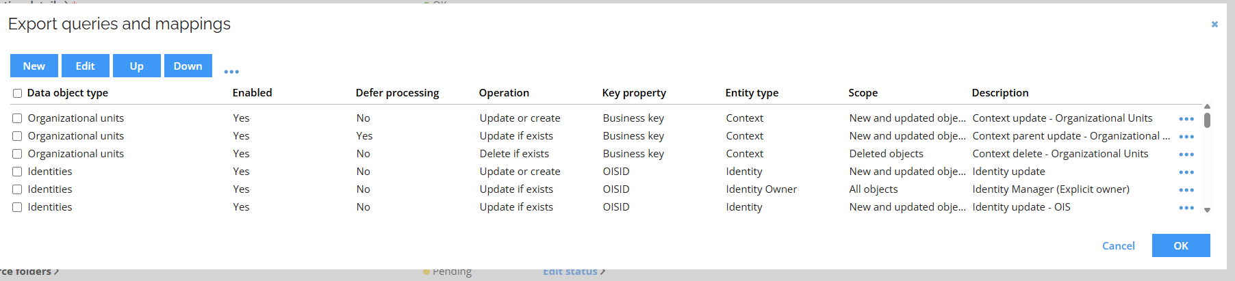 User interface displaying a list of export queries and mappings in Omada Identity Cloud, with columns for query name, mapping details, and actions. The table shows multiple entries for different queries, including options to edit or delete, in a clean, organized layout with neutral, informative tone.