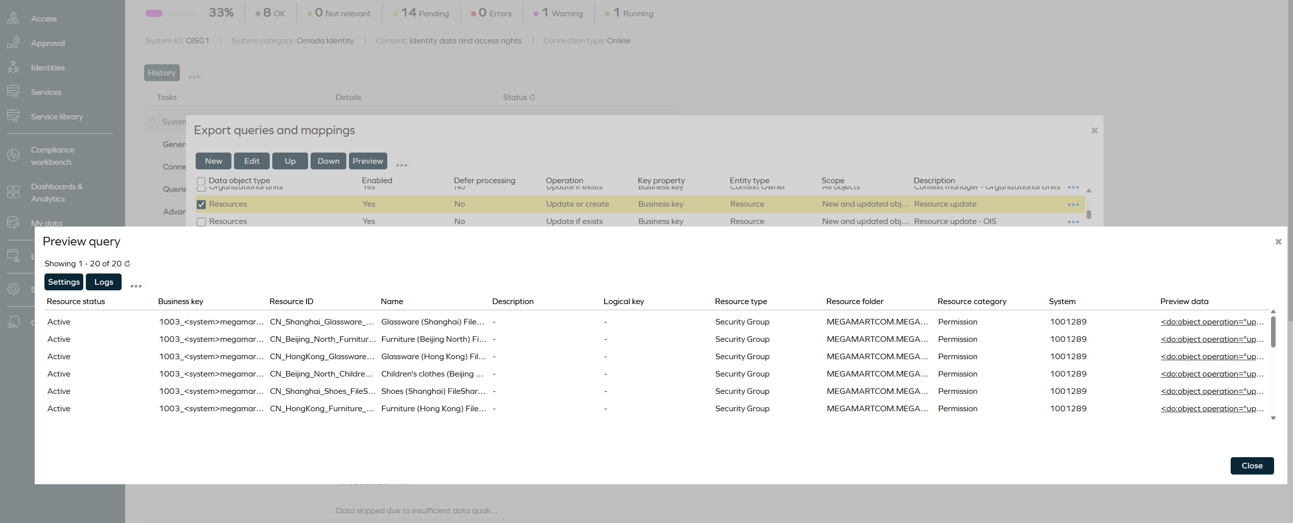 Screenshot of the Export Queries and Mappings Preview in Omada Identity Cloud. The interface displays a preview of data intended for import to the portal based on the configuration of export queries and mappings. The preview includes a table with columns for data attributes and values, allowing administrators to review and validate the data before import.