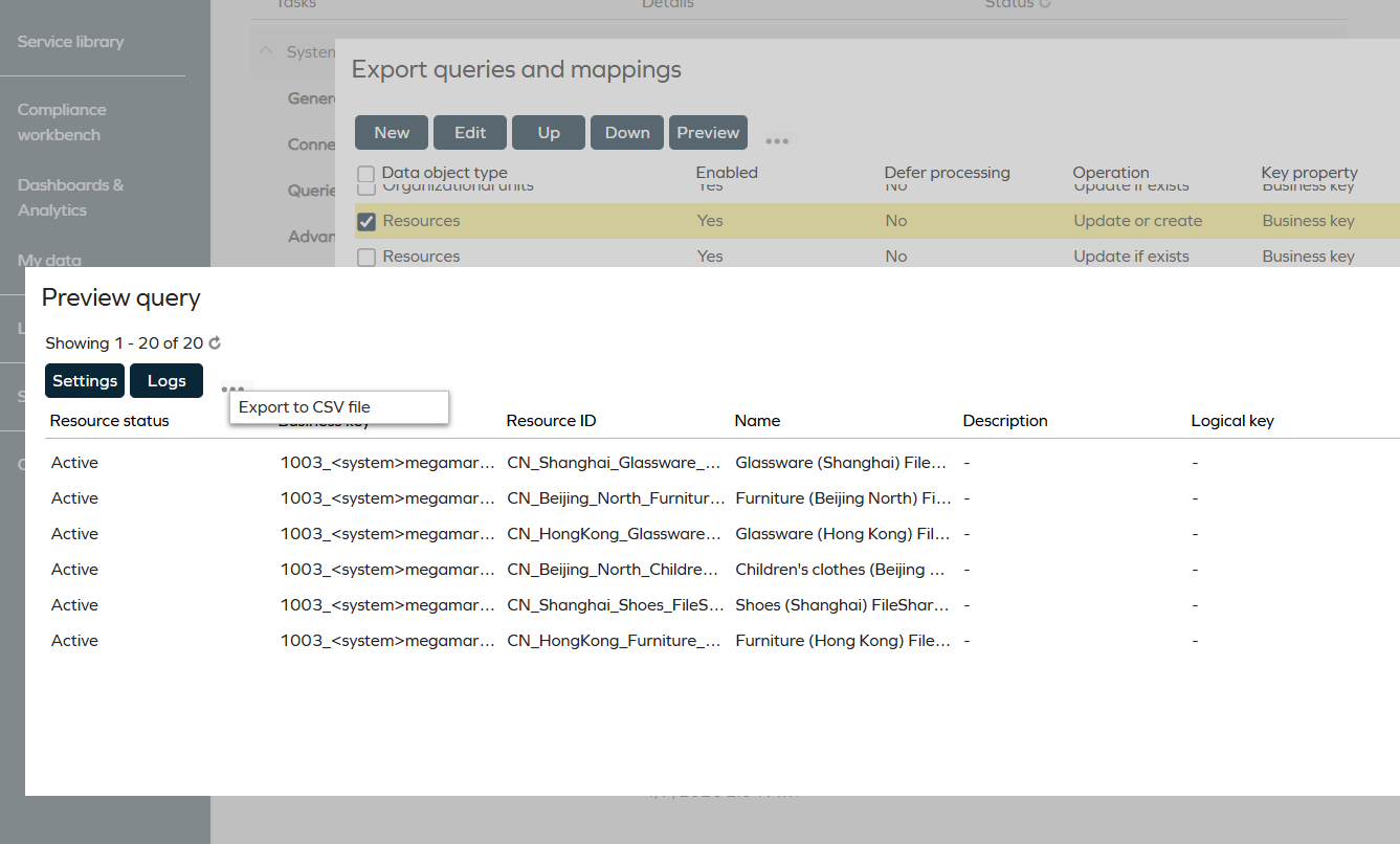 Screenshot of the Preview Logs in Omada Identity Cloud. The logs provide detailed information about the data imported to the portal based on export queries and mappings. The interface includes a table with columns for log details and options to export the logs to CSV format for further analysis.