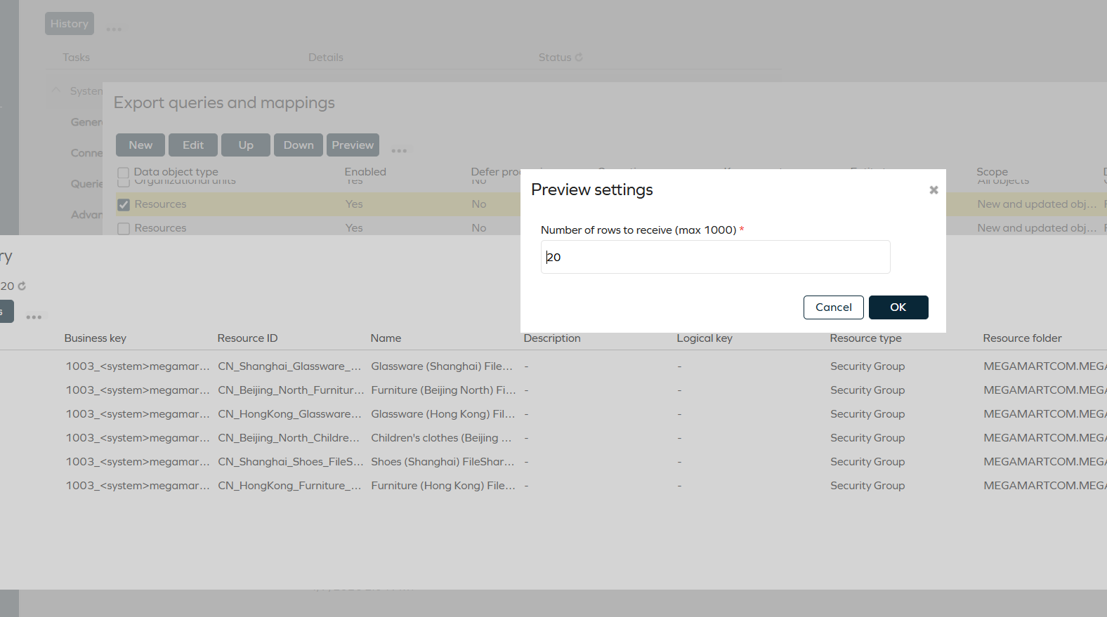 Screenshot of the Preview Settings in Omada Identity Cloud. The settings panel allows administrators to configure the number of records retrieved for previewing data imported to the portal based on export queries and mappings. The interface includes input fields and dropdown menus for customizing the preview experience.