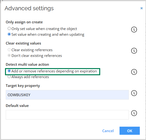 Screenshot of the Advanced Settings panel for detecting multivalue properties in Omada Identity Cloud. The panel displays configuration options for managing how multiple values are detected and handled in export mappings, including property selection and value management. The interface is organized with labeled fields and dropdown menus, providing a clear structure for administrators to customize multivalue property detection behavior.