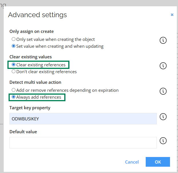 Screenshot of the Advanced Settings panel for multivalue properties in Omada Identity Cloud. The panel displays configuration options such as property name, value type, and additional settings for managing how multiple values are handled in export mappings. The interface is organized with labeled fields and dropdown menus, providing a clear structure for administrators to customize multivalue property behavior.